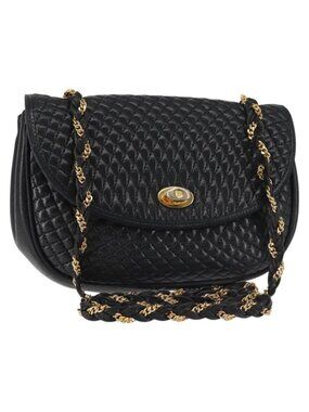 Authentic BALLY Chain Shoulder Bag Leather Black Gold